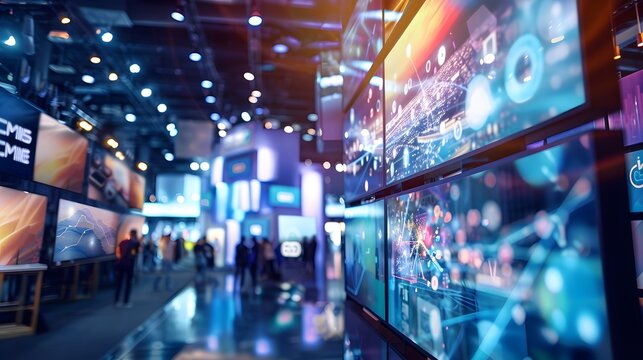 A modern virtual event platform featuring interactive digital booths, live-streamed presentations, and a dynamic, high-tech interface designed for engaging remote attendees.