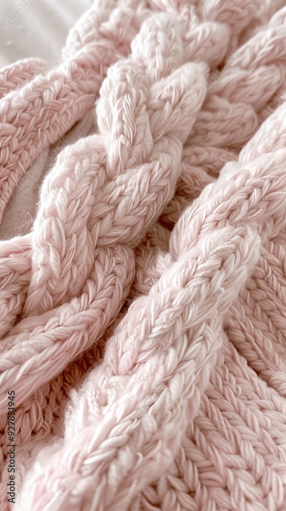 Poster the oversized knit blanket in soft pink colors displays intricate stitching and a comforting texture