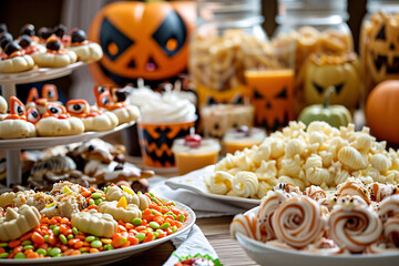 halloween scary snacks on table with pumpkin lantern in room