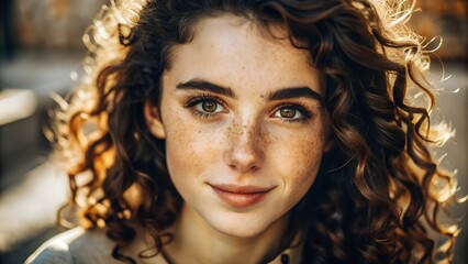 Fototapeta premium A close-up portrait of a young woman with curly hair and expressive brown eyes, bathed in warm, natural light. Her serene smile and natural beauty are highlighted by the soft outdoor lighting.