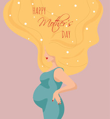 Happy mother's day greeting card with pregnant girl in blue dress and blond long hair flat illustraation for wallpapers, banners, posters, cards