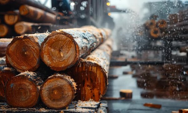 Sawmill operations at dawn with logs being processed and sawdust filling the air