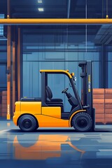 A yellow forklift with a black seat is parked in an industrial warehouse with a stack of boxes in the background.