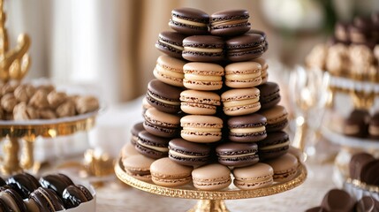 A peanut butter-flavored macaron tower, with alternating layers of chocolate macarons, arranged on...