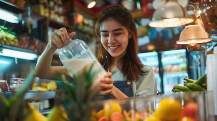 A female is making a healthy smoothie drink with a blender mixer in fruit drink store