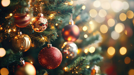 A close-up view of a Christmas tree adorned with festive ornaments and twinkling lights.
