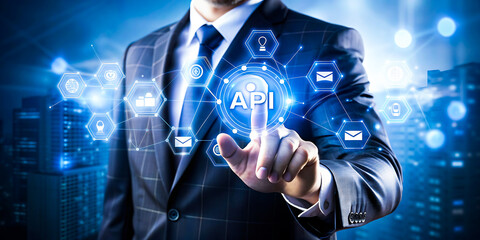 Businessman touched API acronym word icon on virtual screen, phone navigation, tablet screen showing, using a smartphone with a map, a profile of a human head with a brain illuminated, network concept