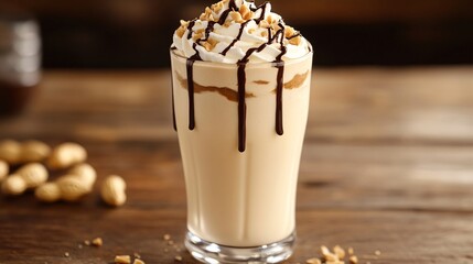 A rich peanut butter milkshake topped with a swirl of whipped cream, a drizzle of chocolate syrup, and crushed peanuts, served in a tall glass