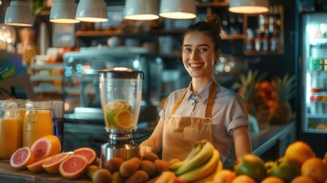 A female is making a healthy smoothie drink with a blender mixer in fruit drink store