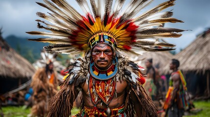 Fototapeta premium Indigenous man in traditional feathered headdress at a cultural gathering