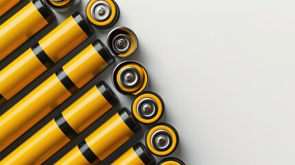 Yellow black AAA alkaline batteries arranged diagonally on white background with space for text