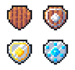 Set of pixel shields for game assets: wooden, gold and diamond shields.