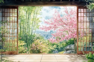 A serene view of cherry blossoms and bamboo through open sliding doors, inviting tranquility and natural beauty into the space. watercolor Style