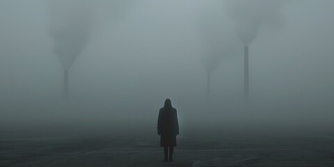 A person wearing a gas mask in a polluted city
