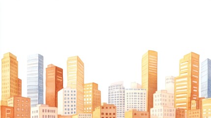 A vibrant city skyline with modern buildings in warm tones, perfect for urban themes and creative projects. watercolor Style