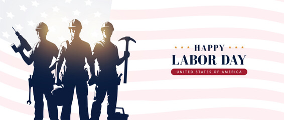 Happy Labor Day USA  Design with Workers and American Flag, vector illustration Banner Template
