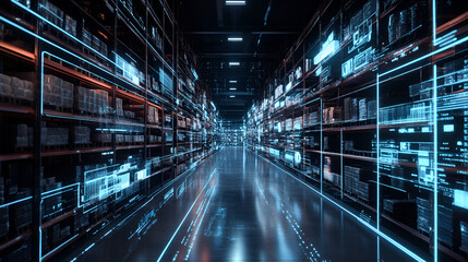 Futuristic tech retail warehouse, digitalization of goods, Industry 40 process, hightech visualization, blue neon lights, wideangle view Futuristic Technology Retail Warehouse, Generative Ai