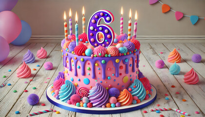 Vibrant Sixth Birthday Cake with Purple Drip, Polka-Dotted Number Six, and Colorful Icing Swirls on a Wooden Floor Setting