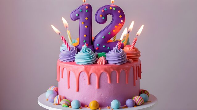 Vibrant Twelfth Birthday Cake with Purple Number Twelve Topper and Colorful Icing on a Pastel Background