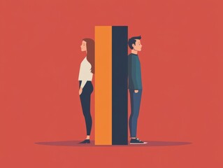 Obraz premium Couple separated by a wall, distant and disconnected, flat design illustration