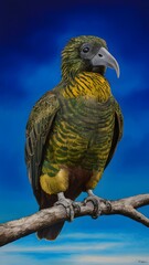 Obraz premium Kakapo Bird Perched on a Branch in Nature on a Blue Background, Realistic Photo, Wallpaper, Cover and Screen for Smartphone, Cell Phone, Computer, Laptop