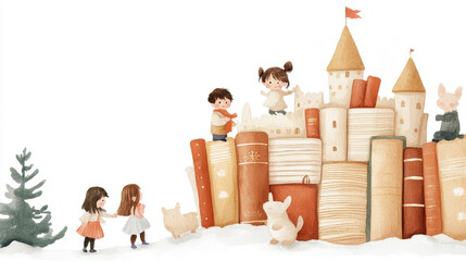 Children play joyfully in a whimsical scene with a castle made of books, surrounded by cute animals and a snowy landscape. watercolor Style