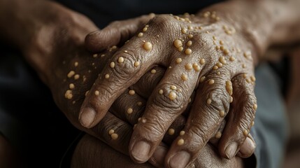 Monkey pox virus, a new world problem of modern humanity. Close-up of the hands of a sick person with pimples and blisters. Smallpox vaccine