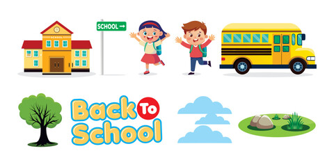 Fototapeta premium Set of Welcome back to school, cute colorful doodles set with letters. Hand drawn vector illustration, isolated on white