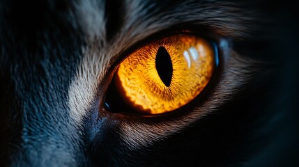 Close-up of a cat's golden eye with a dark background.