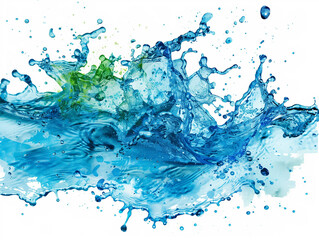 Splash of water with green and blue colors on a white backdrop