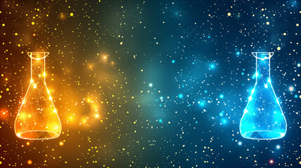 Futuristic scientific backdrop with glowing flasks in vibrant colours