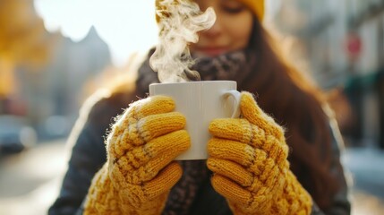 Drinking Hot Steaming Drink on Sunny Autumn