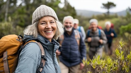 Seniors enjoying a group hike in a scenic nature reserve during the daytime