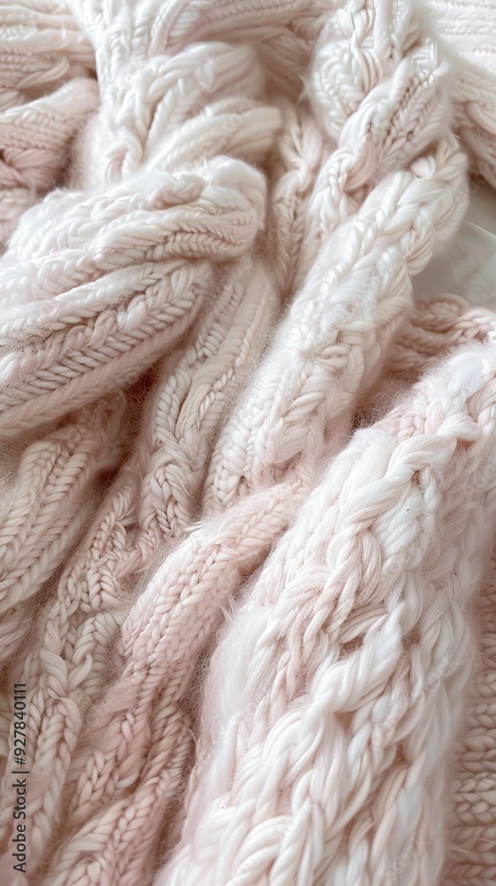 Poster the texture of a soft, oversized knit blanket in light pink colors is captured, showcasing its intri