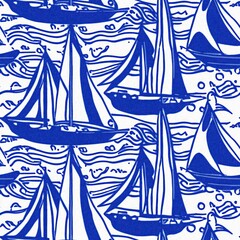 Coastal sail boat in azure ocean blue seamless background, Modern sailing race boat block print for decorative coast interior furnishing fabric . Rustic linen beach cottage trend tile. 