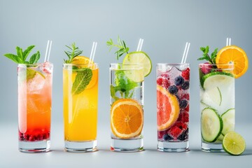 Fototapeta premium Assortment of vibrant fruit cocktails and mocktails in highball glasses Globally renowned