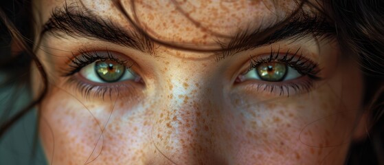 Close-up of beautiful woman's eyes with detailed freckles and reflections.