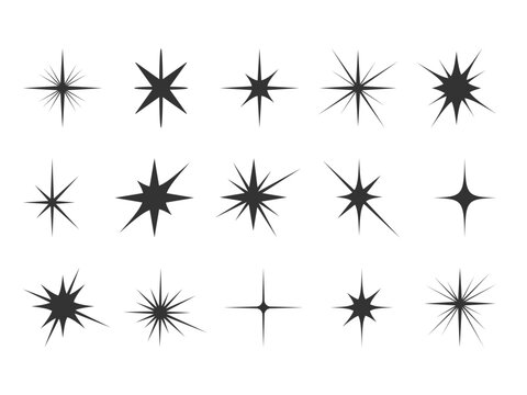 Various Black Star Spark icons collection. Set of geometric sparcle shapes. Abstract Shine glow light twinkle magic effect symbol. Holiday Element for design
