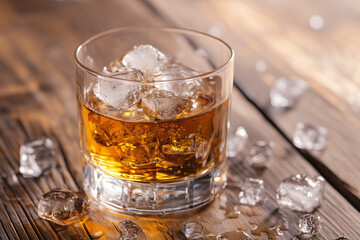 Transparent alcohol whiskey glass with ice inside and around on wooden table. Addictions and habits concept background.