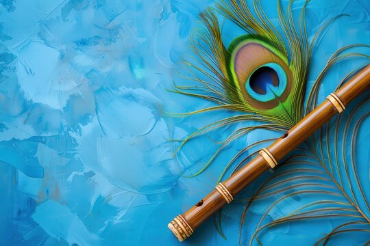 Bamboo flute adorned with peacock feather symbolizing Lord Krishna during Janmashtami photographed on blue background with space for text