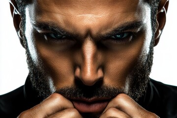 Intense male model with a dark beard exuding mystery and rugged masculinity in a close up portrait