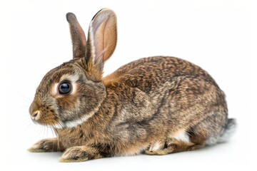 Brown Easter bunny sniffs and looks at camera on white background Cute and intelligent