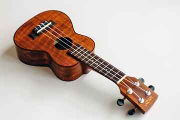 Brown ukulele against white background