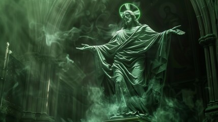 Obraz premium Hyper Realistic Jesus Christ Statue Made of Smoke in Green Hues