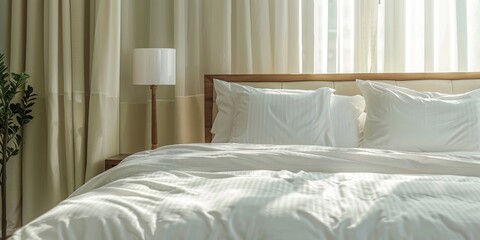 Clean and cozy hotel room featuring a freshly made king sized bed with a stylish headboard perfectly ironed sheets and plush pillows bathed in natural sunlight King size bed displayed in a s