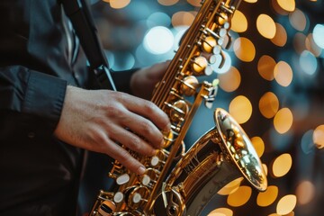 Fototapeta premium Close up of jazz saxophonist playing instrument