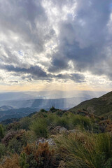 Panoramic view from hiking trail to Maroma peak in thunderstorm day, Sierra Tejeda, Spain 
