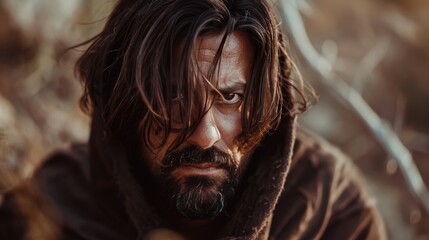 Jesus Christ with Brown Hair and Beard in Hooded Cloak Close-Up.