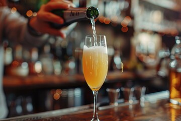 Fresh bellini cocktail served by bartender