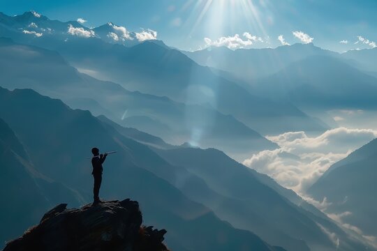 Flute player shining on mountains